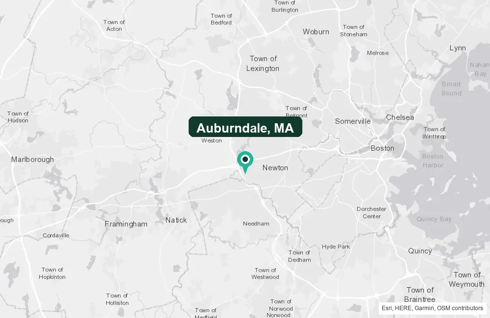 Map of Auburndale, Massachusetts and the surrounding Middlesex County area service area